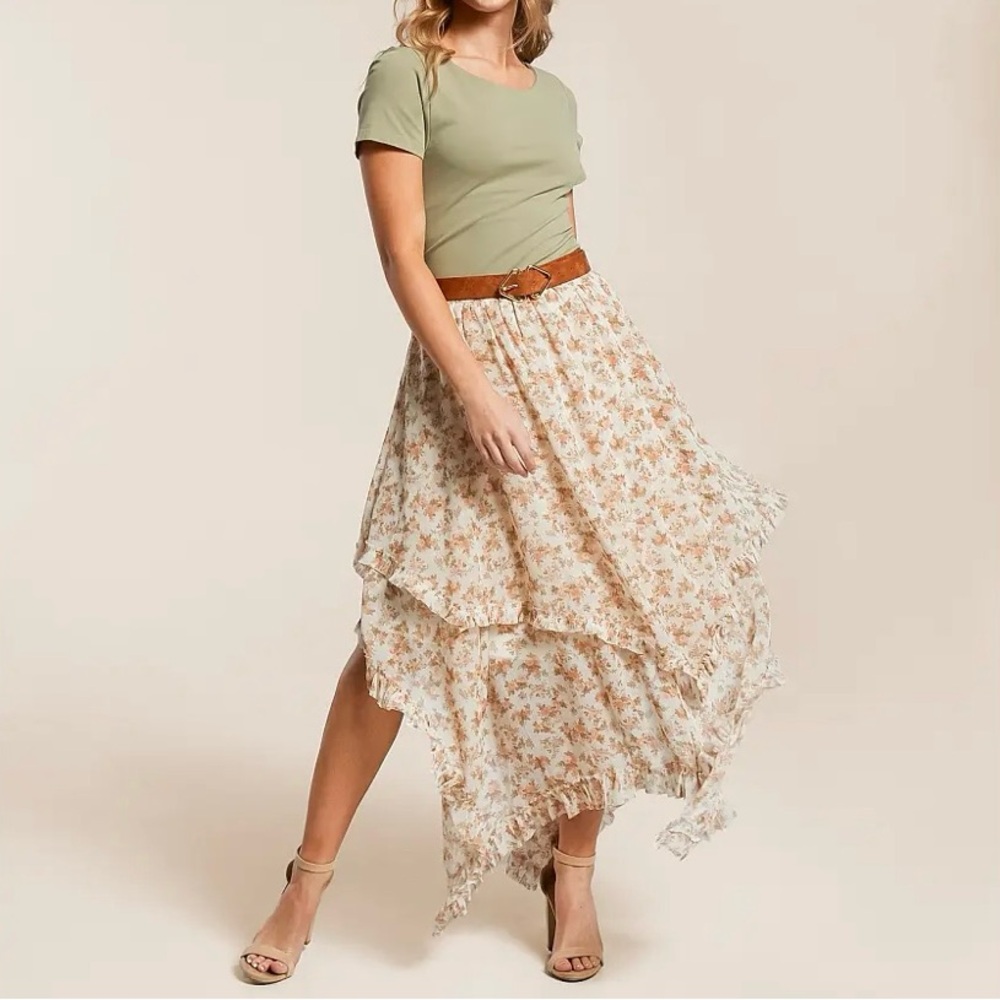Floral Layered Midi Skirt in Cream and Brown